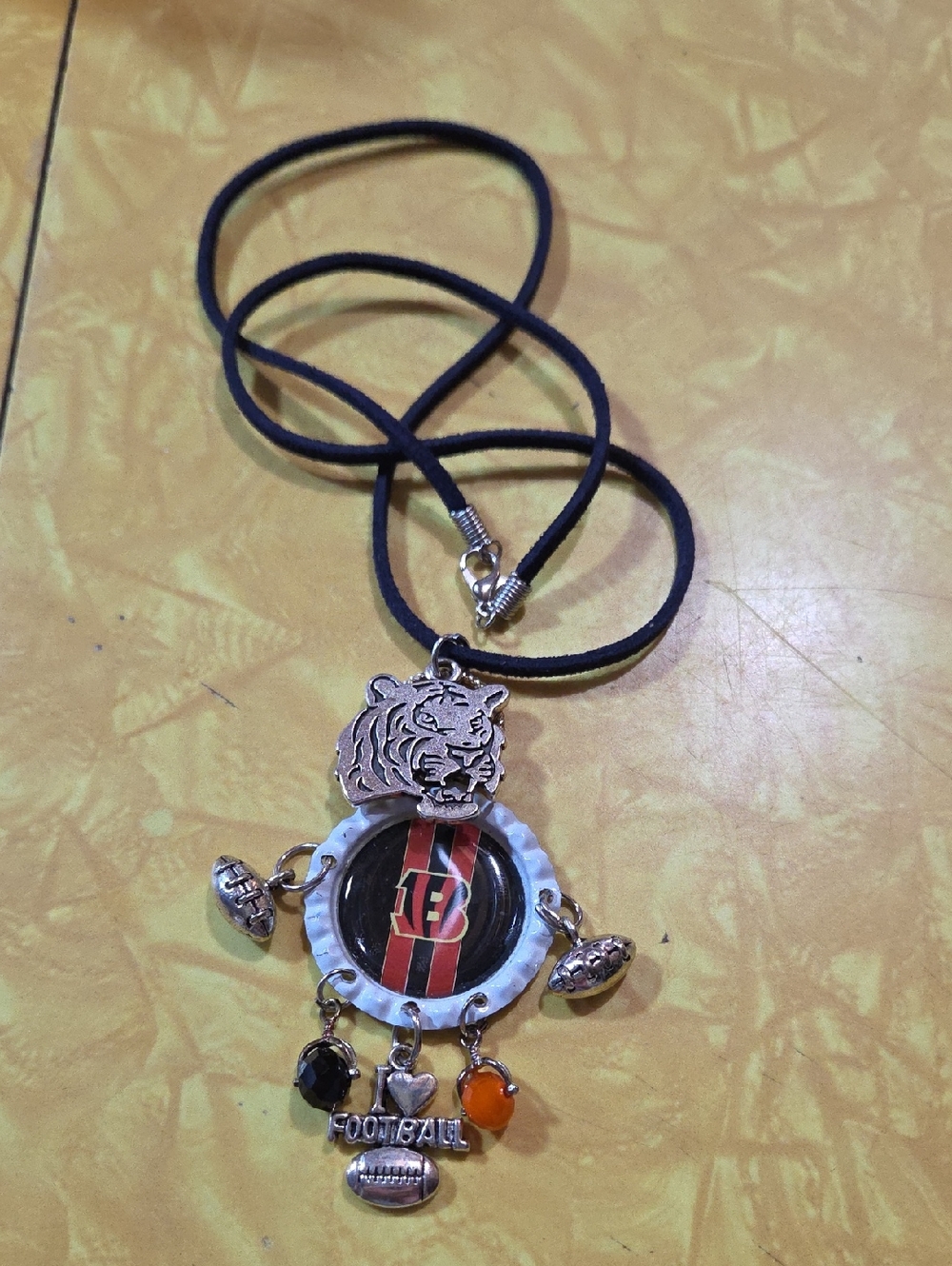 #G Cincinnati Bengals Tiger Football Pendant Necklace with Black Cord